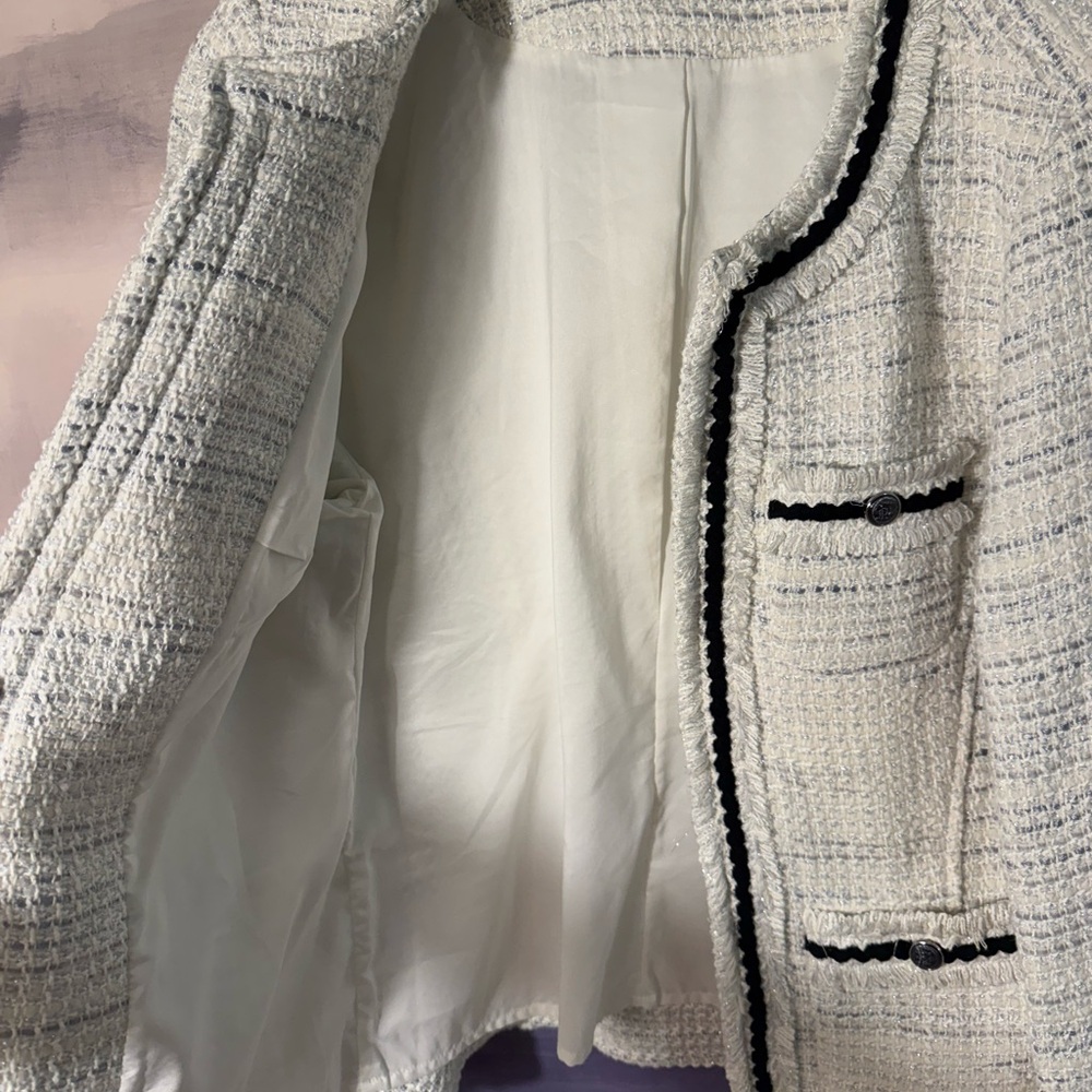 White House Black Market White Tweed Jacket with Black Trim - Picture 6 of 7